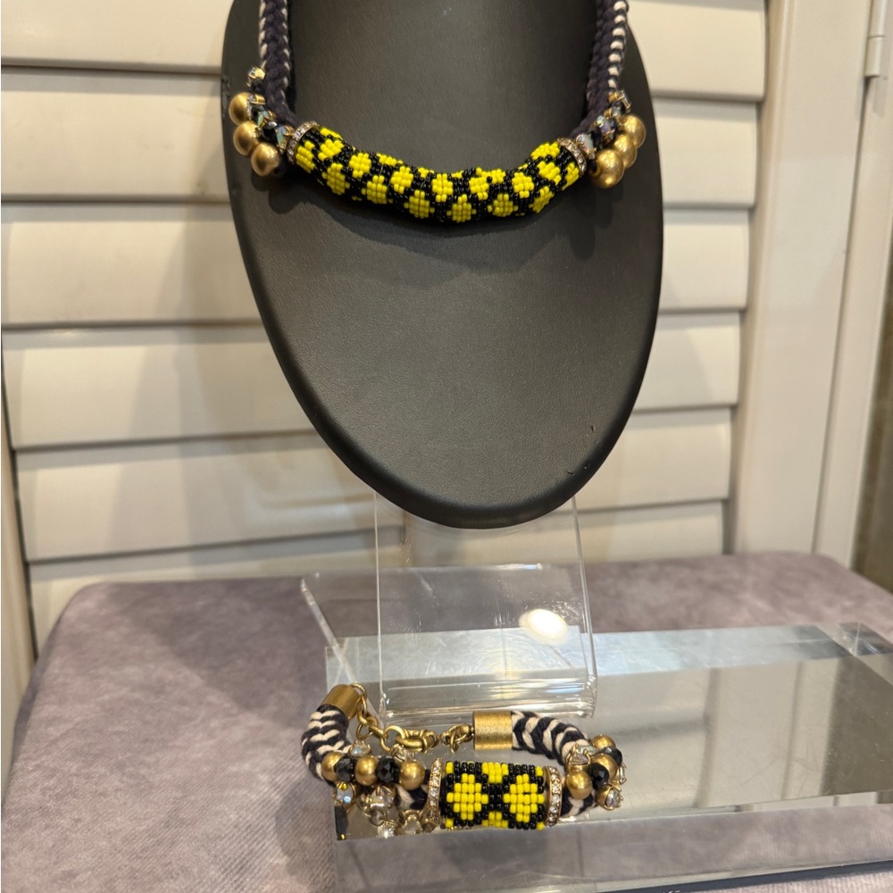 J.Crew Yellow and Black Beaded Crystal‎  statement, necklace, and Bracelet Set